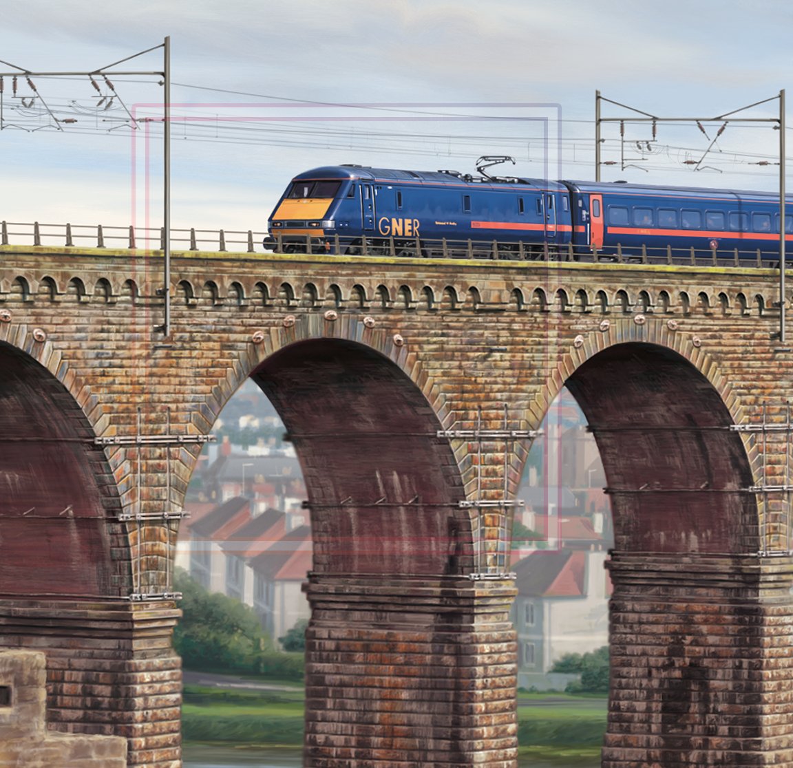 TomTheDoodler's tweet image. Here's a little detail from what will be my next print. 
'Border Crossing,’ is of the Royal Border Bridge at Berwick-upon-Tweed with two GNER trains passing.
I've still got a bit to do on it but it will be available in my store soon!

#LimitedEdition #Berwick #railways