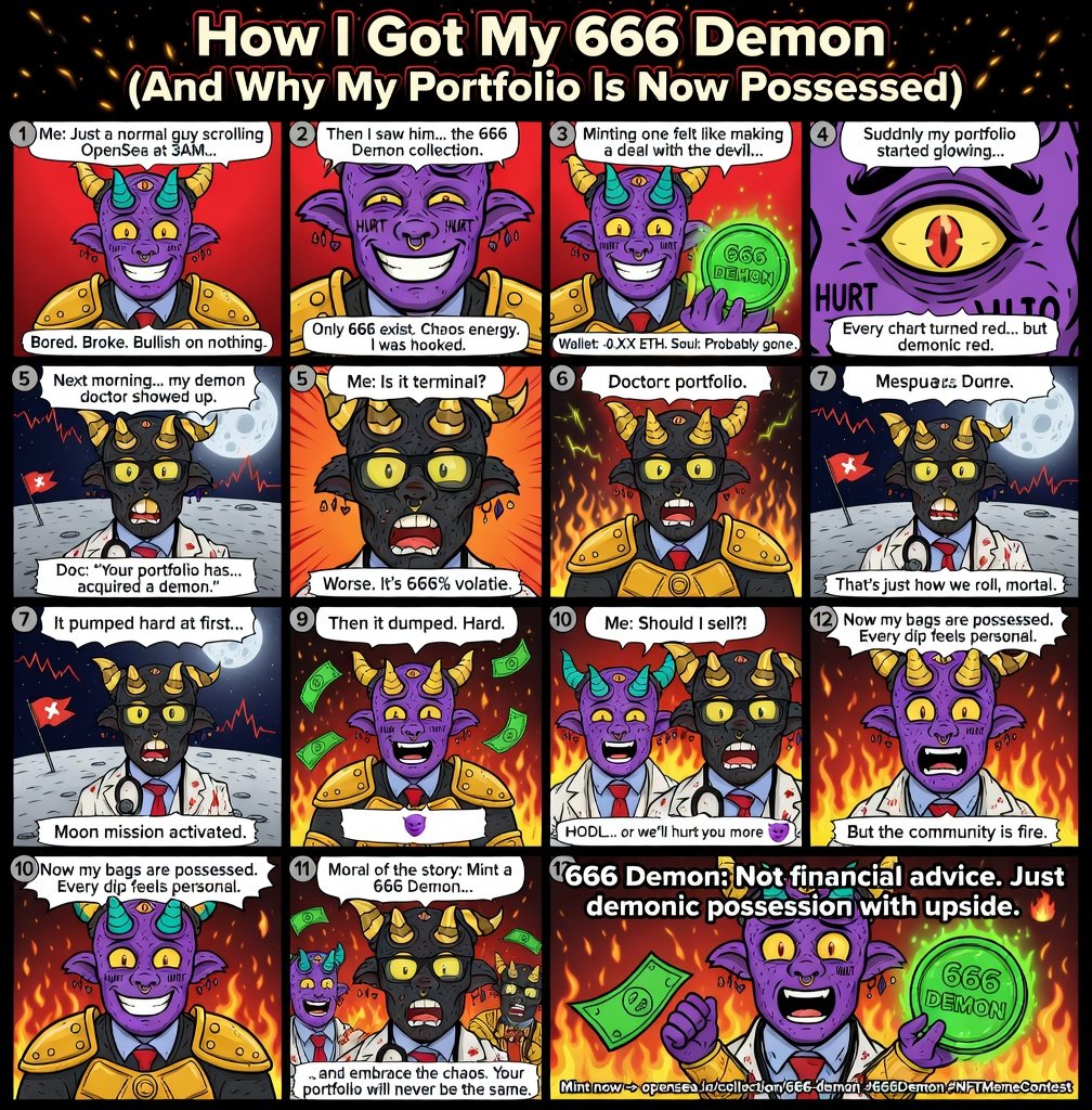 ciphernomad5's tweet photo. 🚨 My entry for the 666 Demon Meme Contest 🔥
“How I Got My 666 Demon (And Why My Portfolio Is Now Possessed)” 😈
FOMO → Mint → Pump → Brutal dump → HODL or get hurt 💀
Minted mine. Chaos accepted.
Mint here → https://t.co/L0pl5g140n…
#666Demon #NFTMemeContest #NFT #Memes https://t.co/1Rmq6Pjxmb