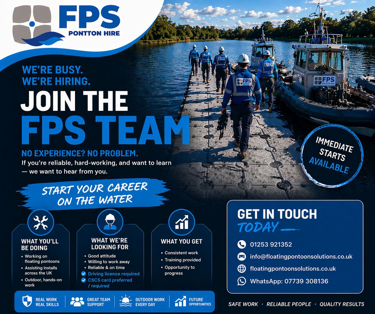 FPSPontoonHire's tweet photo. WE’RE BUSY. WE’RE HIRING.

Pontoon &amp; marine work across the UK 🌊

No experience needed
Driving licence essential
CSCS preferred

📱 07739 308136 https://t.co/YuBdnWk3KW