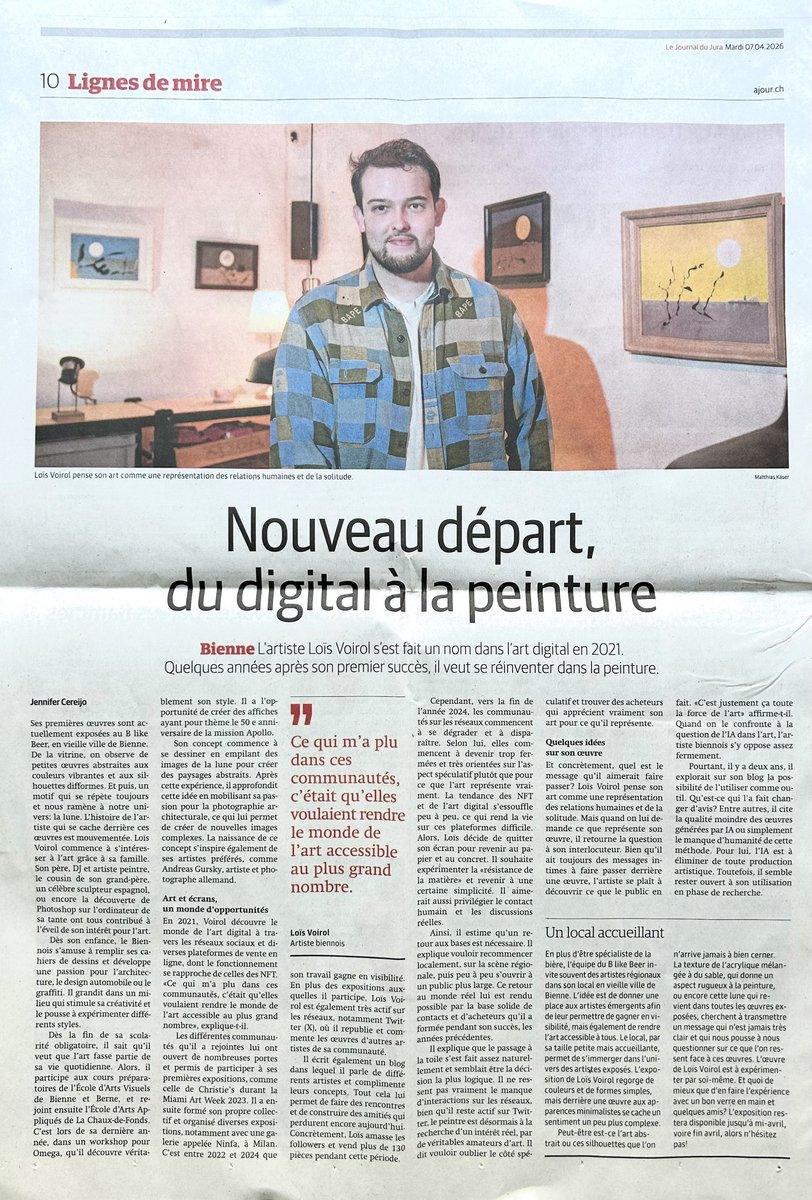 "A new beginning, from digital to painting"

Full-page feature published yesterday in a local Swiss newspaper. The article covers my ongoing solo show in my hometown, my trajectory as a full-time artist over the past few years and my pivot to painting.