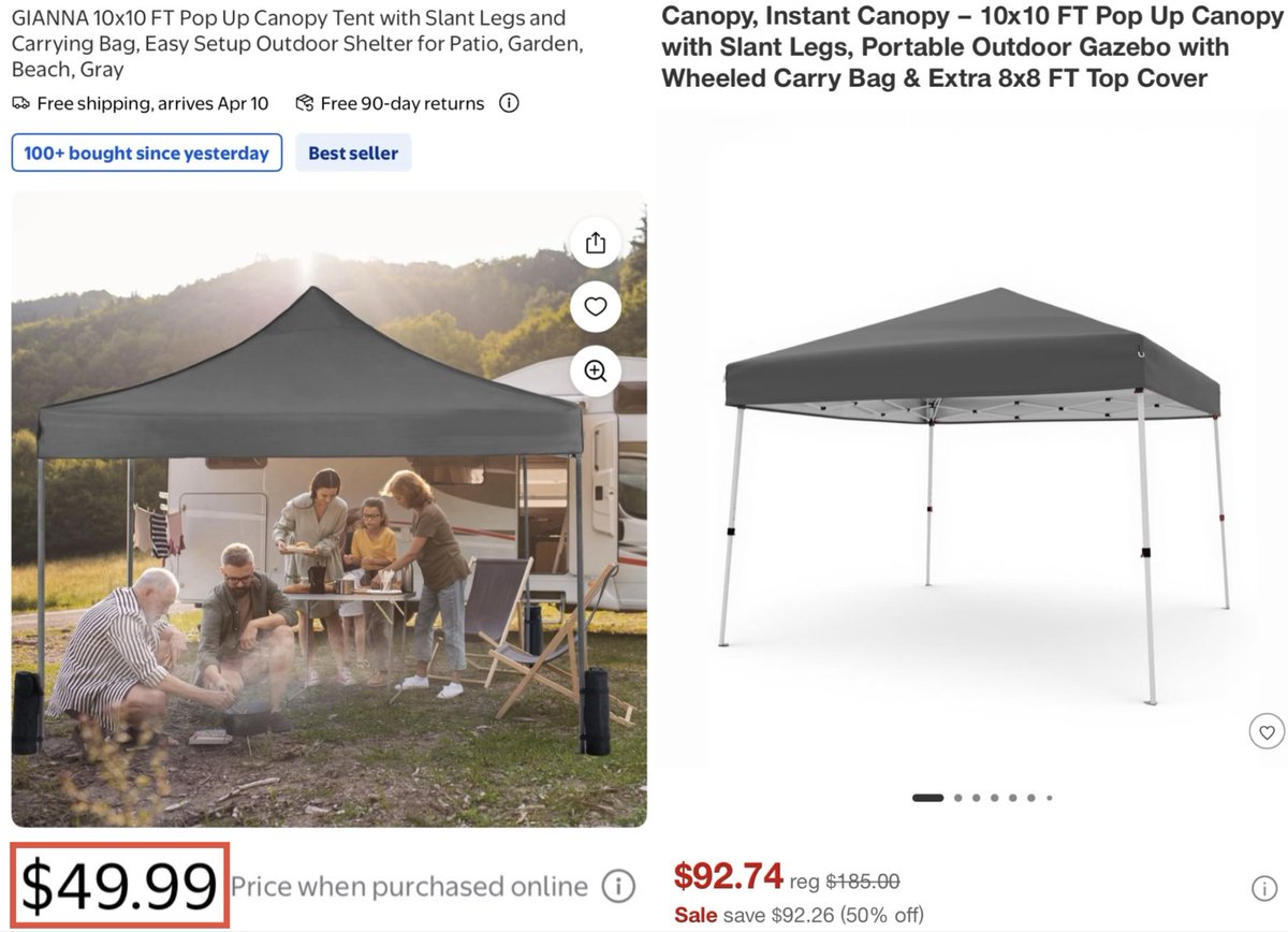 glitchaddicts's tweet image. THIS $92 OUTDOOR CANOPY IS NOW $49 @ WALMART 

Similar model is listed for $92 at target, Walmart dropped it at 46% off 

Great for camp out trips and barbecues in summer time, free shipping included 

mavely.app.link/dH30ka9Qa2b #ad