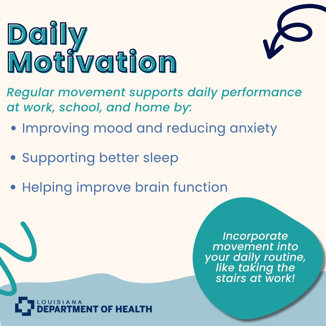 LADeptHealth's tweet photo. 👟Getting active can be difficult, but with small changes you can make a big change for your health. Preventing chronic disease and improving overall mobility are just a few benefits to get geauxing.💪 https://t.co/rU7Drh2VBv