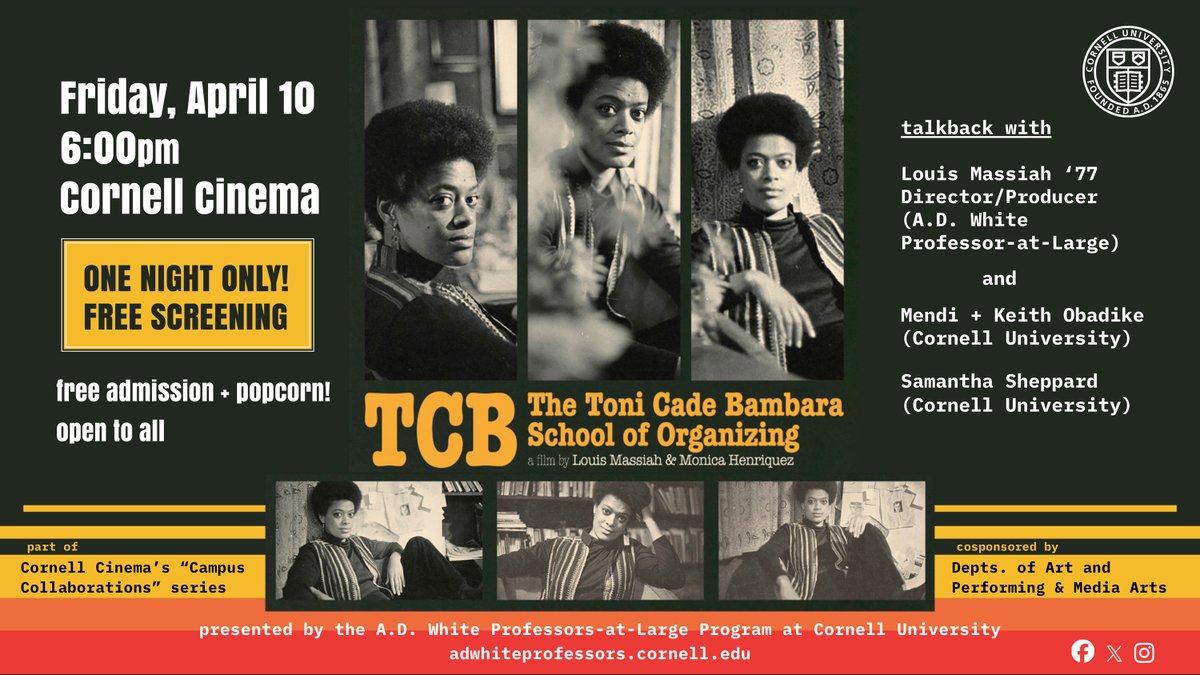 ADWHITEPAL's tweet photo. 🎥🎞️🎟️ THIS FRIDAY - FREE Special Screening!
"TCB: The Toni Cade Bambara School of Organizing" 
a new doc by acclaimed filmmaker + @ADWhitepal Louis Massiah ’77

🗓️ April 10 🕕 6PM📍Cornell Cinema
🎟️🍿 Free admission + popcorn! Open to all.
🎬 Trailer ➡️ https://t.co/YYPxQrLrrz

🎤 Talkback with Massiah +
• Mendi + Keith Obadike (Cornell University)
• Samantha Sheppard (Cornell University)
