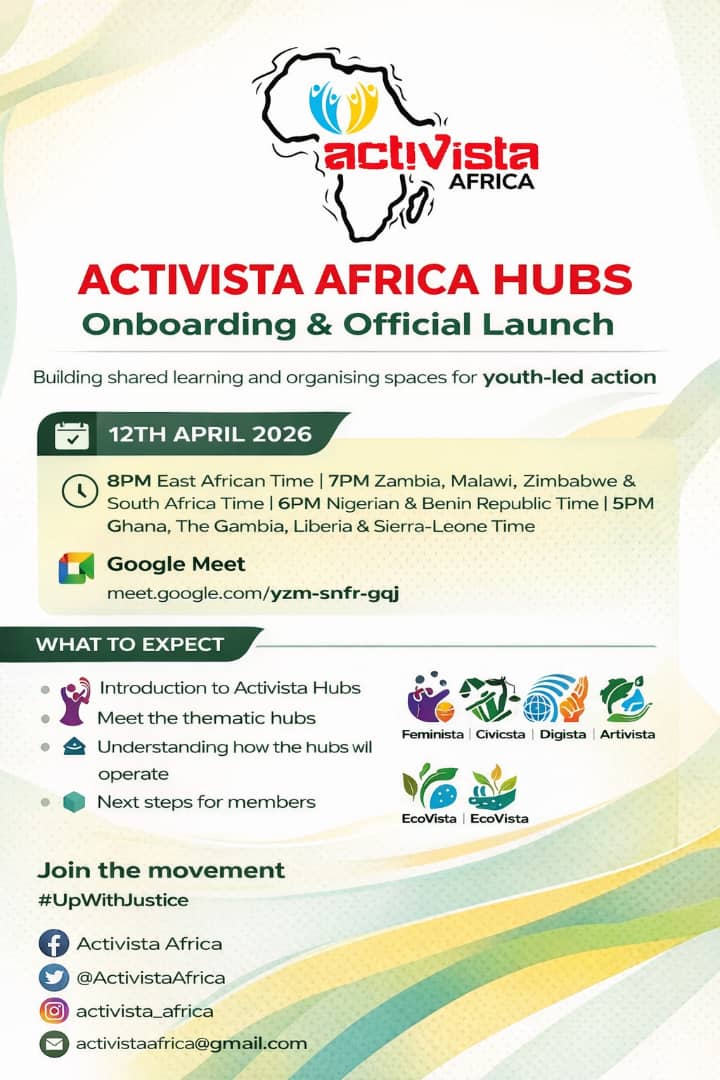 ActivistaAfrica's tweet photo. Activista Africa is launching its Thematic Hubs, bringing young people together to connect, learn &amp; take action.

This is where ideas become impact.
Don’t miss it. Show up. Be part of the change.
#UpWithJustice #ActivistaAfrica https://t.co/pnbGZv3xSR