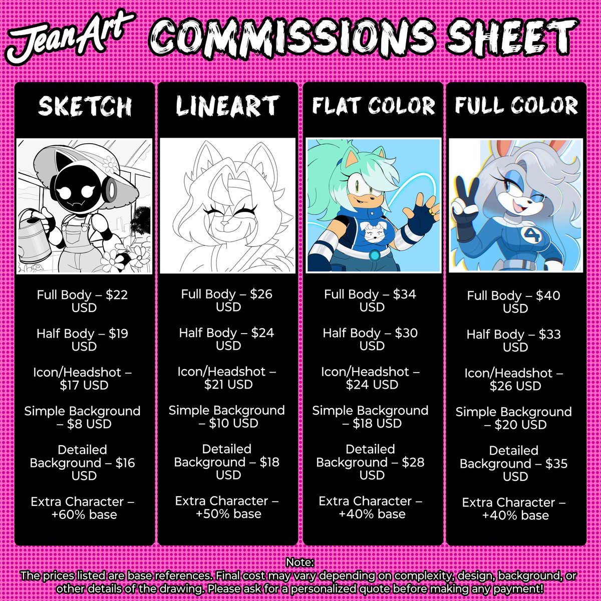 JeanArtOficial's tweet photo. Here's my pricing table for digital illustrations 🎨✨ Explore my styles: Lineart, Sketch, Fullcolor, and Flatcolor.

Contact me via direct message on Twitter

Discord: jeanart 

for custom commissions. 🌟 #ArtCommissions #DigitalArt https://t.co/bKTyUEiPzA