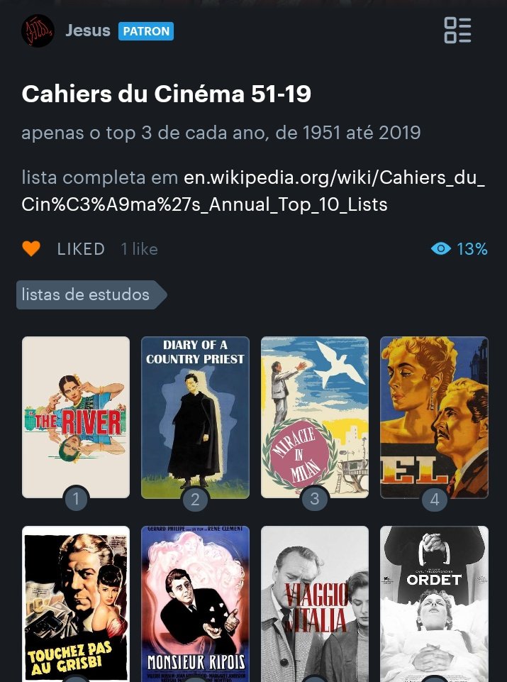 Lista com quase 200 filmes: top 3 de cada ano escolhida pelo editorial da revista Cahiers du Cinéma (Bazin, Doniol, Godard, Rivette, Truffaut, Chabrol e Rohmer) 

A lista engloba o período de 1951 - 2019 da revista.
 
Compilada pelo <a href="/belgsz/">jesus</a> 

boxd.it/TqjZg