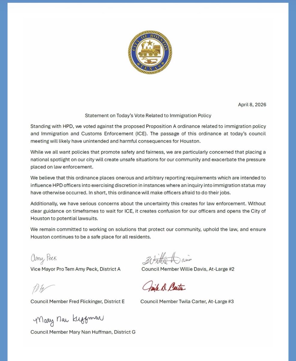 hollyshansen's tweet image. In: statement from #Houston city council members who voted against new policy for police prohibiting holding of illegal immigrants with administrative ICE warrants &amp;amp; requiring reports on local immigration enforcement.