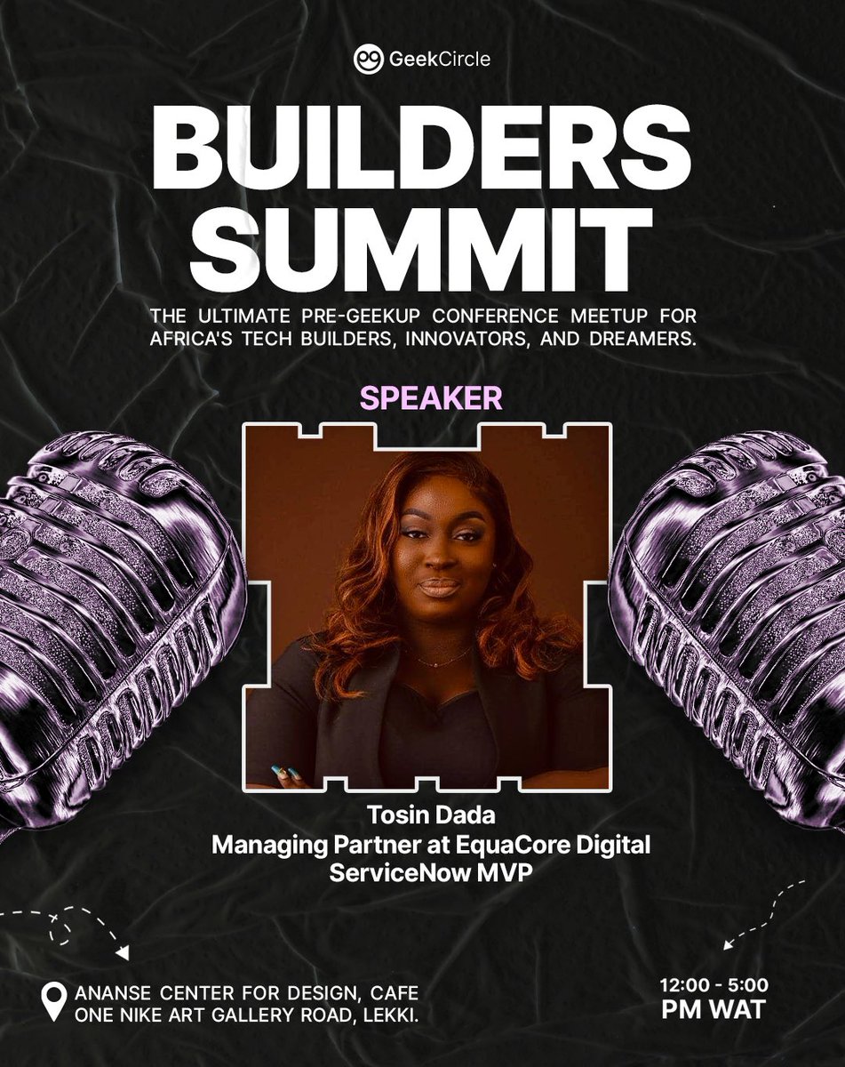 thegeekcircleX's tweet image. Speaker Announcement

Tosin Dada @ServiceNowLiz — Managing Partner, EquaCore Digital | ServiceNow MVP  

Driving digital transformation and enterprise innovation ⚡  
Expect sharp insights on scaling systems that actually work.

Catch her at #BuildersSummit.

Date: 25th April,