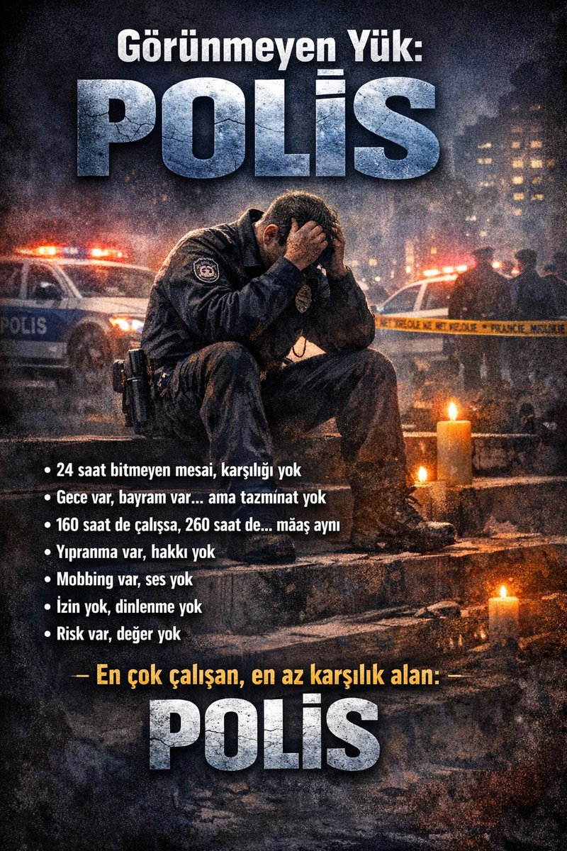 t_g_b__'s tweet photo. 24 saat bitmeyen mesai, karşılığı yok
•Gece var, bayram var… ama tazminat yok
 160 saat de çalışsa,260 saat de maaş aynı
Yıpranma var, hakkı yok
 Mobbing var, ses yok
 İzin yok, dinlenme yok
 Risk var, değer yok
“En çok çalışan, en az karşılık alan: #CanVerenPoliseHakVerin https://t.co/qvZ8l1V6PF