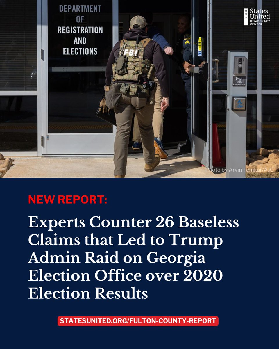 statesunited's tweet photo. MUST READ >> Election experts Ryan Germany, @JustinGrimmer, &amp; @stephen_richer release BRAND NEW REPORT with States United combatting 26 baseless claims that led to the Trump Admin’s raid of a Georgia election office earlier this year. https://t.co/a8pugqYOQH https://t.co/pqg9zrlKGc
