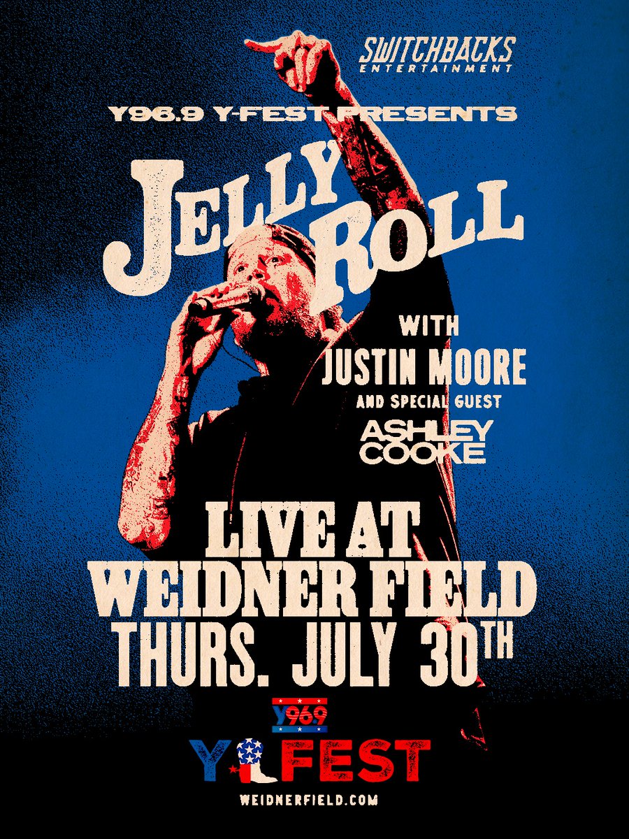 WeidnerField's tweet photo. @Y969 and Y-Fest present @JellyRoll615  with @justinmoore and Special Guest, @theashleycooke, Thursday July 30 2026 right here at Weidner Field.

🎸Artist and Switchbacks FC STM pre-sale on Thursday, April 9 at 10AM MT

🎟️General public on sale Friday, April 10 at 10AM MT https://t.co/1p6hJg7Q6X