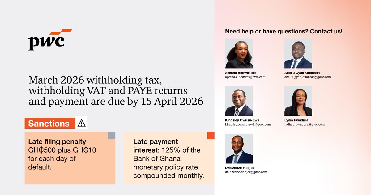 PwCGhana's tweet image. March 2026 withholding tax, withholding VAT and PAYE are due 15 April 2026. Late filing attracts GH₵500 + GH₵10/day, and late payments incur interest at 125% of the BoG policy rate. Stay compliant and reach out to PwC’s tax team for support.
#PwCTax #GRADeadlines #TaxCompliance