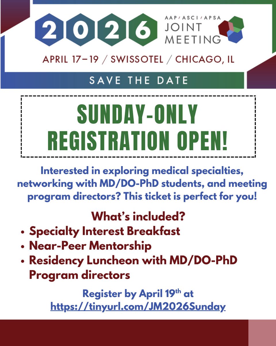 A_P_S_A's tweet image. Are you interested in exploring medical specialties, networking with MD/DO-PhD students, and meeting program directors? The Sunday-Only Joint Meeting Ticket is perfect for you! Register at tinyurl.com/JM2026Sunday today!