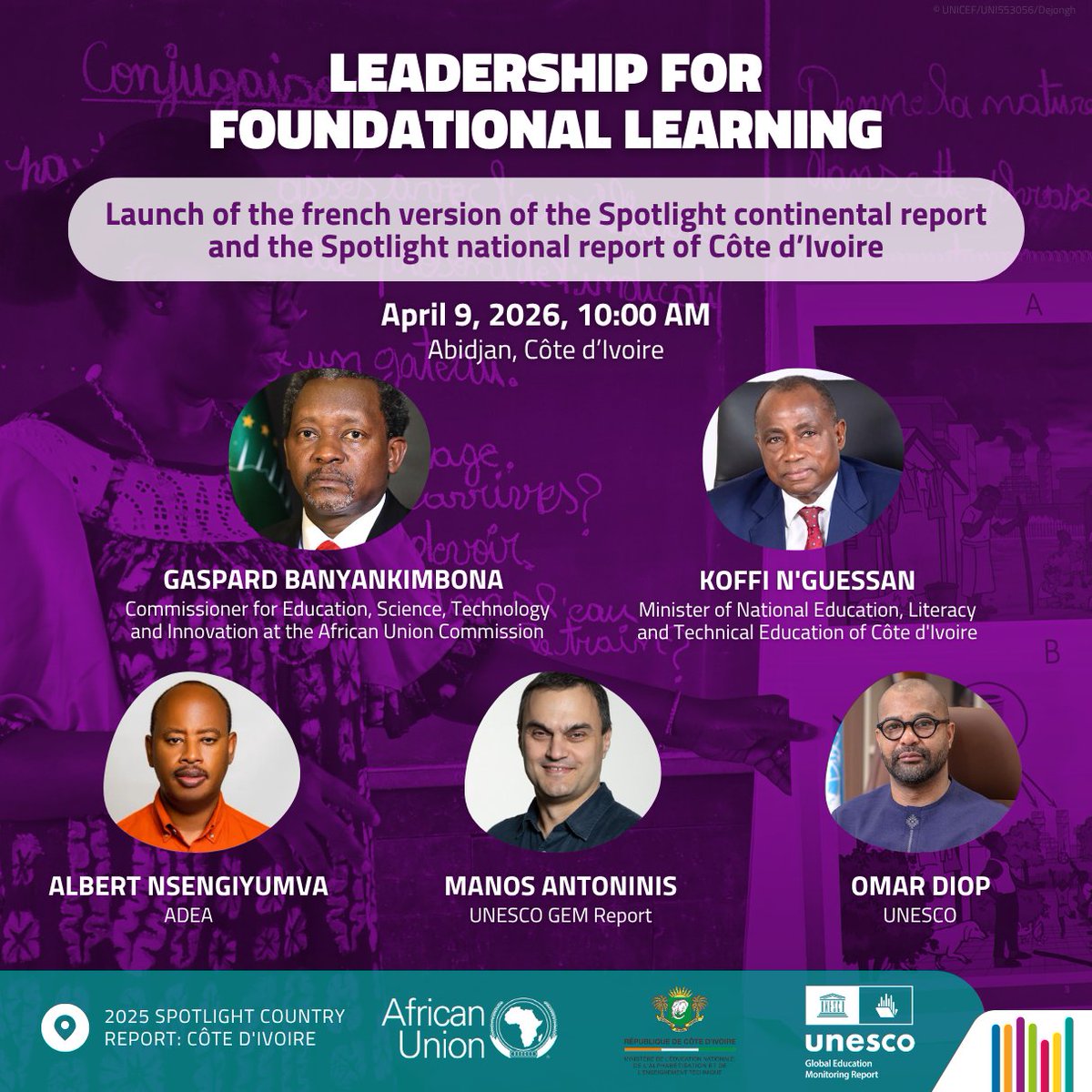 GEMReport's tweet photo. How can leadership improve learning?
Join us in Abidjan (9 April) for the launch of the Côte d’Ivoire Spotlight report by @UNESCO #GEMReport and @Educationci:
https://t.co/erpPrWSNLX
#BornToLearn #LeadForLearning https://t.co/dIuv3G9Qmm