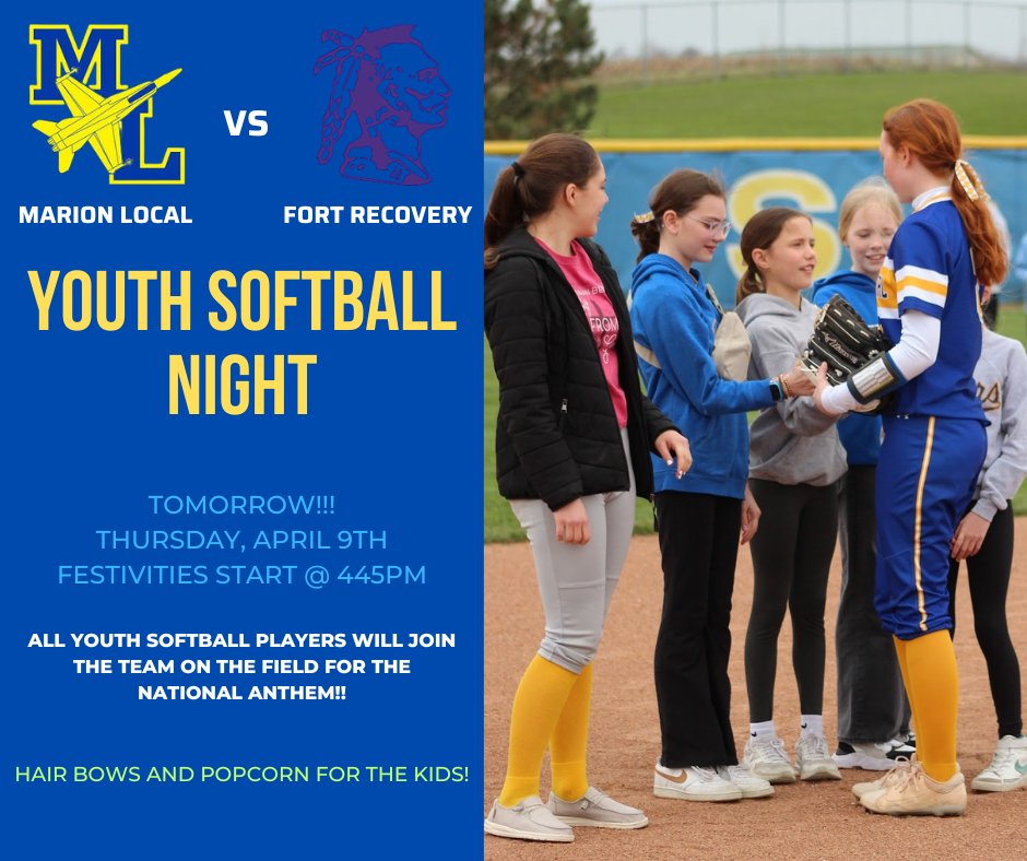 Spread the word!!! If your youth softball player would like to participate, please try to arrive no later than 4:30pm so they can get their bows tied and lineup to take the field! Should be a great night for our first conference action 🥎💙💛👧