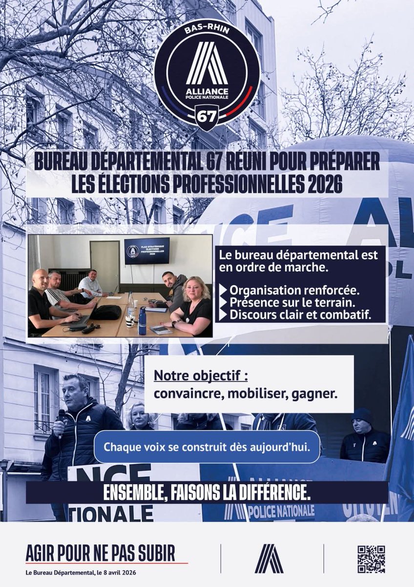 Le Bureau Départemental Alliance Police Nationale 67  etait réuni pour préparer les élections professionnelles 2026.

👉 Organisation renforcée
👉 Présence sur le terrain
👉 Discours clair et combatif

Objectif : convaincre, mobiliser, gagner.