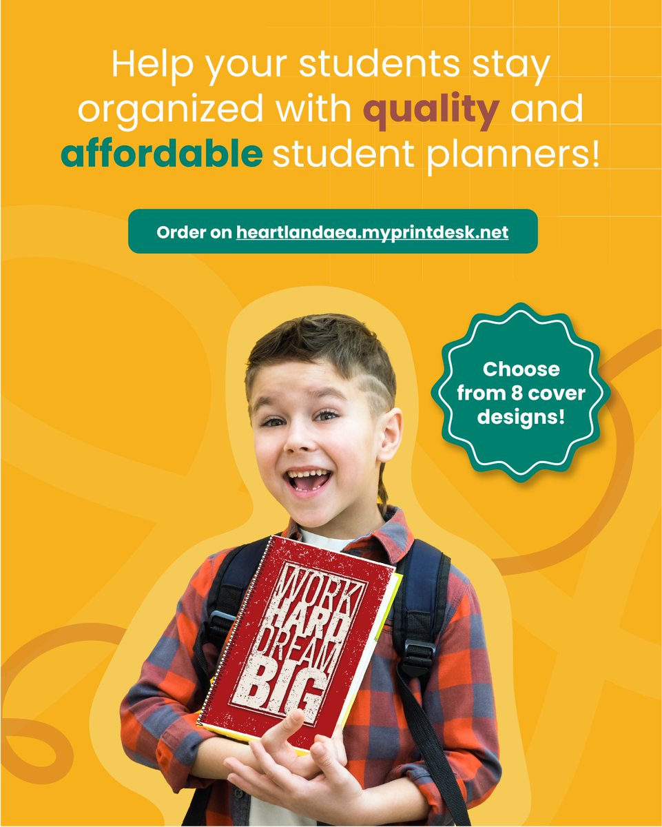 HeartlandAEA's tweet image. Ready to get organized for 2026-27? Order your school’s student planners by May 31 to get 10% OFF and guaranteed delivery by the first day of school! 📖🎓📝🔬🔢 🎭🎨📸 🎶

🎟️ Use code: PLANNER10
🔗 Order here: ow.ly/Whhl50YBgCm

#CreativeServices #SchoolPlanners