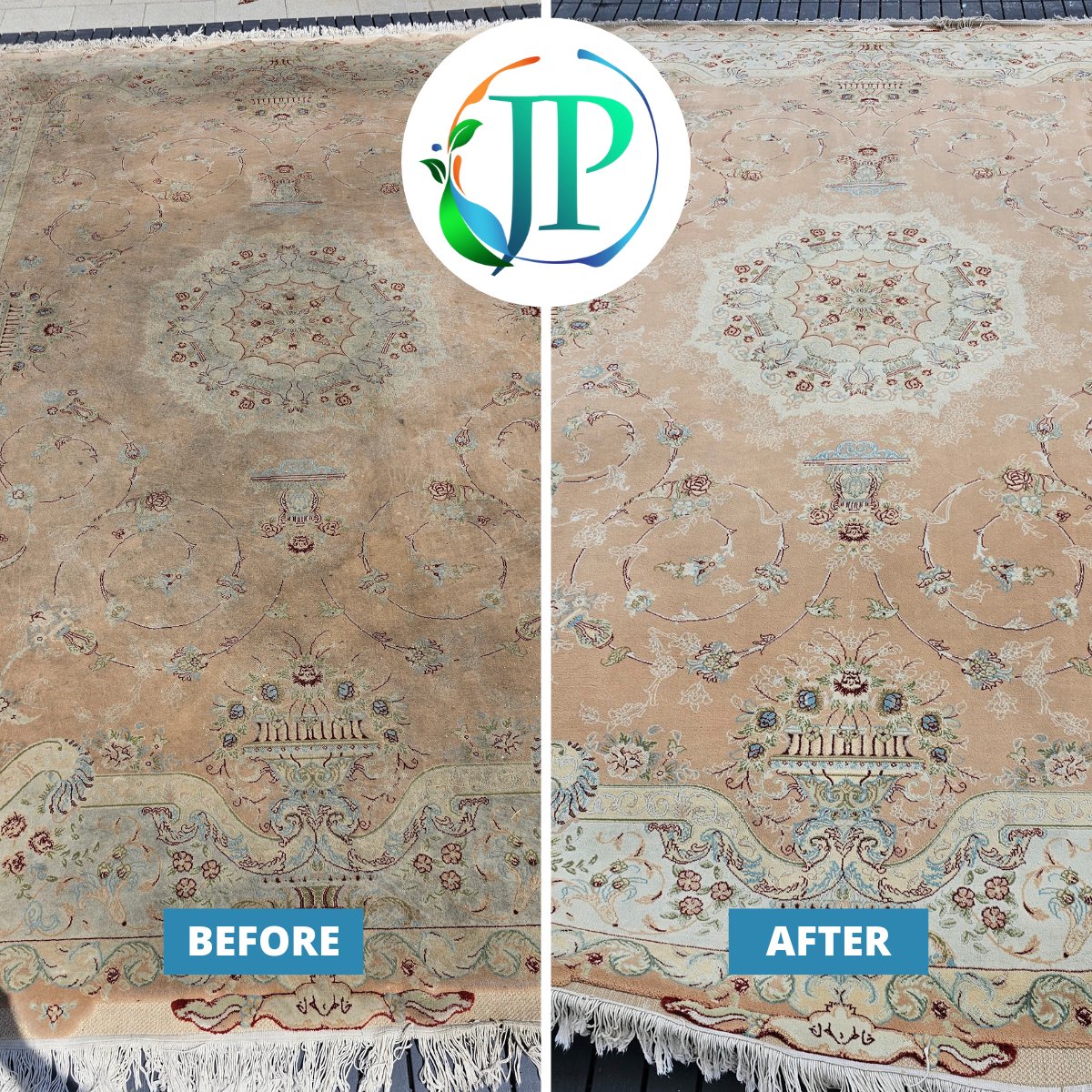 Right half: cleaned. Left half: not yet.  Same rug. The colors were there the whole time, they just needed some extra attention  📞 818.263.9314 | bit.ly/JPFloorBook  

#AreaRug #RugCleaning #PersianRug #LosAngeles #JPCarpet
