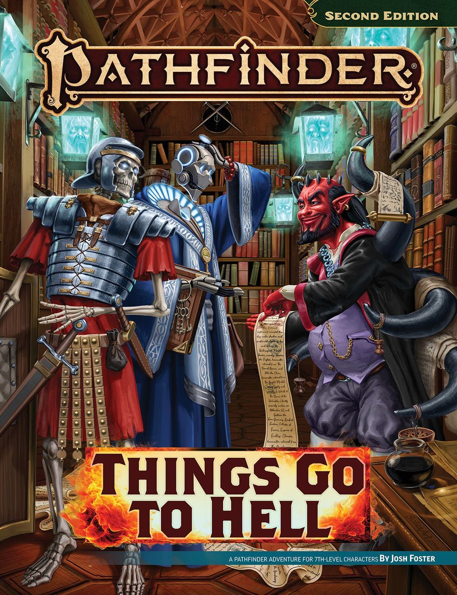 FreeRPGDay's tweet photo. Escape the clutches of hell before you and your fellows are forced to pay a wizard's debt! Pathfinder Adventure Things Go to Hell is a short adventure for 7th-level pregenerated characters from @paizo! https://t.co/ehvLFlZOzW