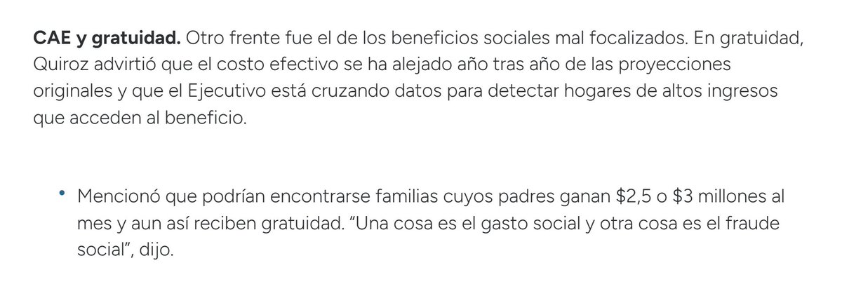 El ministro Quiroz dijo que hay personas que reciben gratuidad y sus padres ganan entre $2,5 a $3 millones mensuales, es decir ricos recibiendo gratuidad universitaria.

La izquierda va a defender esto también como lo hizo con los deudores del CAE que ganaban 5 millones al mes?
