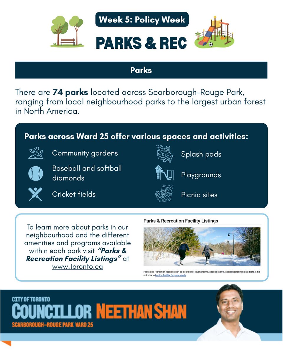 NeethanShan's tweet image. In Week Five of my #LearnTo campaign, the focus is on Parks and Recreation, Forestry, and Libraries.

As your representative for Scarborough-Rouge Park (Ward 25), I am committed to enhancing access to public services and spaces for all community members. #topoli