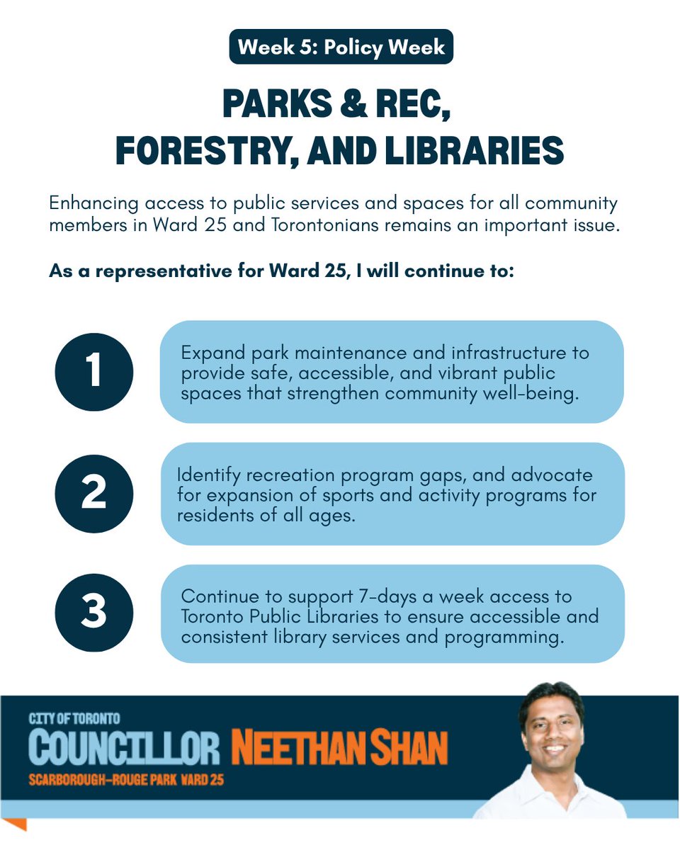 NeethanShan's tweet image. In Week Five of my #LearnTo campaign, the focus is on Parks and Recreation, Forestry, and Libraries.

As your representative for Scarborough-Rouge Park (Ward 25), I am committed to enhancing access to public services and spaces for all community members. #topoli