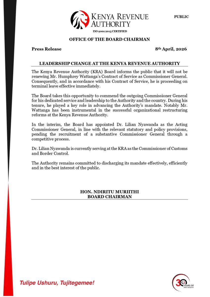 KRACorporate's tweet photo. 𝐋𝐄𝐀𝐃𝐄𝐑𝐒𝐇𝐈𝐏 𝐔𝐏𝐃𝐀𝐓𝐄: The KRA Board announces transition. Mr. Humphrey Wattanga concludes his service as Commissioner General. We commend his leadership and instrumental role in our restructuring reforms. We thank him for his dedicated service to the Authority and the nation.
In the interim, the Board has appointed Dr. Lilian Nyawanda as the Acting Commissioner General. Dr. Nyawanda currently serves as the Commissioner of Customs and Border Control.

We remain committed KRA continues to focus on effective and efficient service delivery for all Kenyans.