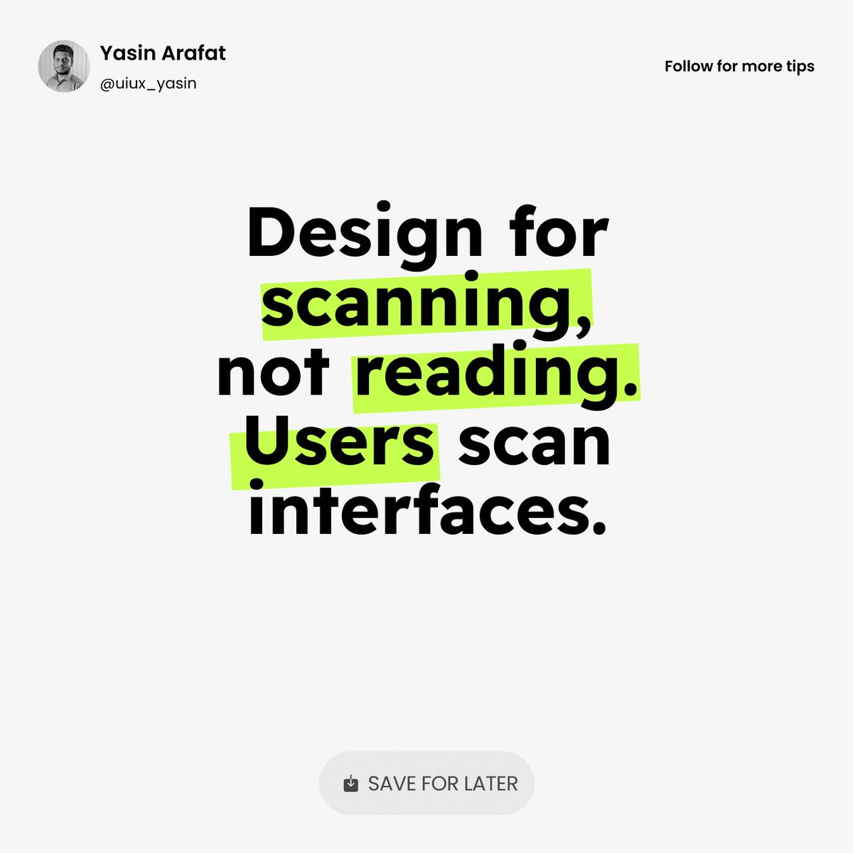 uiux_yasin's tweet photo. UI Tip:
Design for scanning, not reading.

Users scan interfaces.

#UXDesign #UIDesign #UXTips