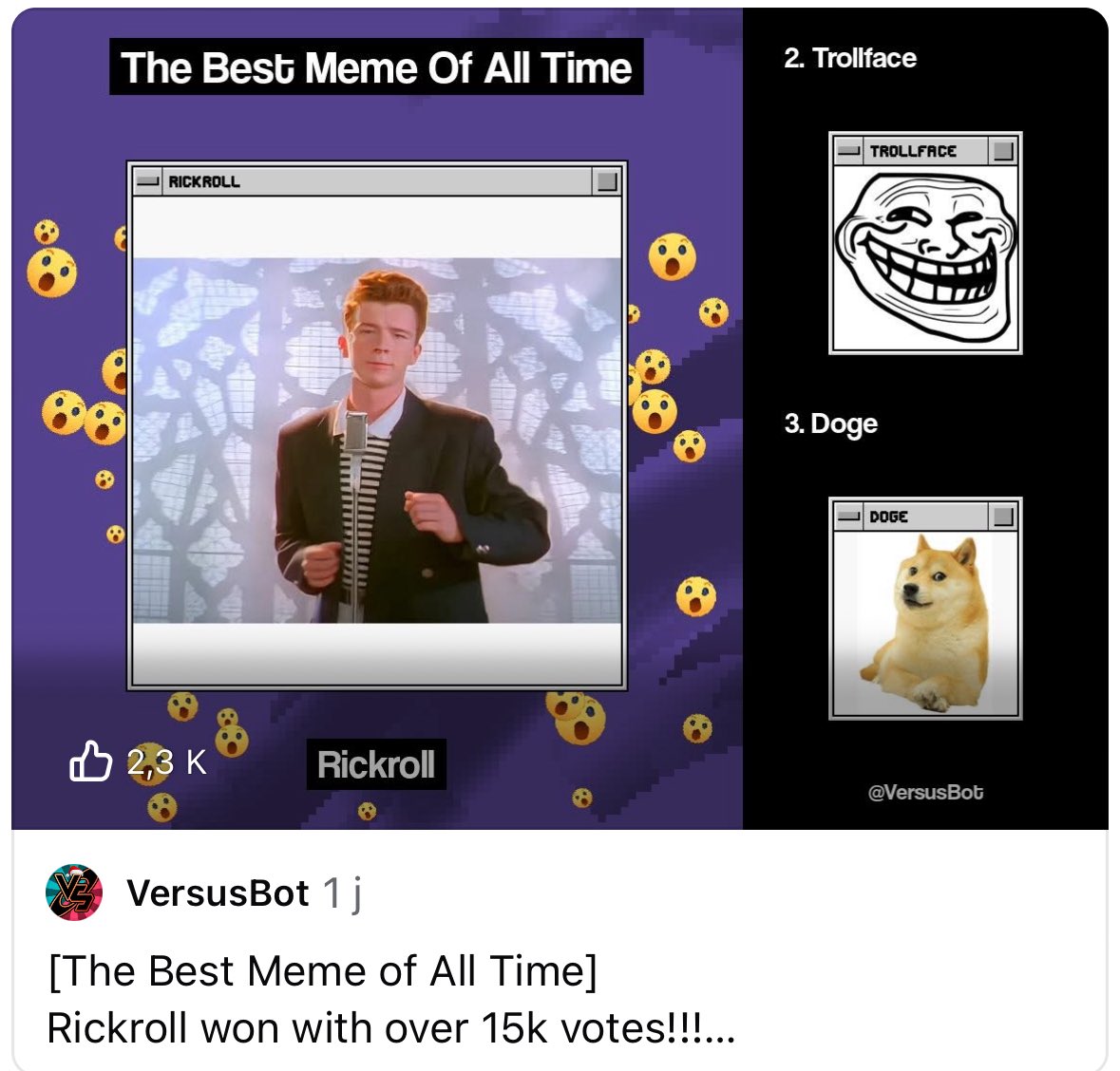 RICKROLL_ogPump's tweet photo. @traderInosuke Bet. 
I present you the Empirically Proven Best Meme Of All Time.
This CA is og on Pump. Has og creator on board.
DYOR.
CA: Eu8qFQrtyRdTLmjn42vnuVCY26fsZPSbkbyVo31t4xFJ https://t.co/2eLAprLE7D