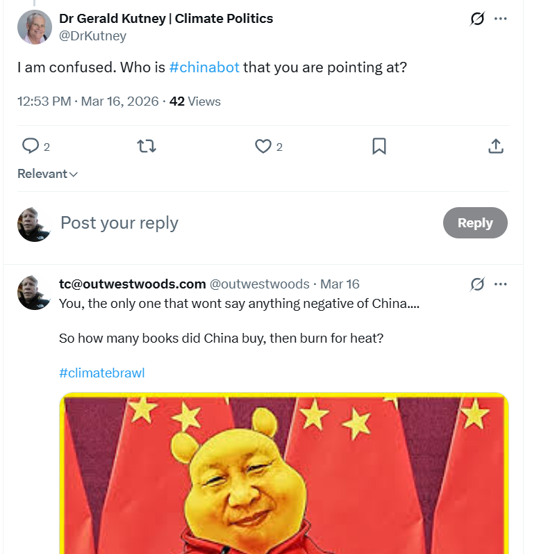 outwestwoods's tweet photo. @DrKutney @ShawnAgain2 @PeterDClack #chinabot and climate commies - ZERO
Heroes of truth and science - running up score board....
#climatebrawl https://t.co/tg36BBFZgm