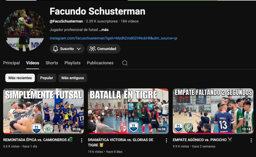 Mi hermano es jugador profesional de futsal y ahora también creador de contenido.

Vive de esto hace muchos años. Jugó en españa, italia, francia, hungría, indonesia y ahora está de vuelta en argentina, y armó un canal en donde intenta mostrar el lado B de ser atleta de alto