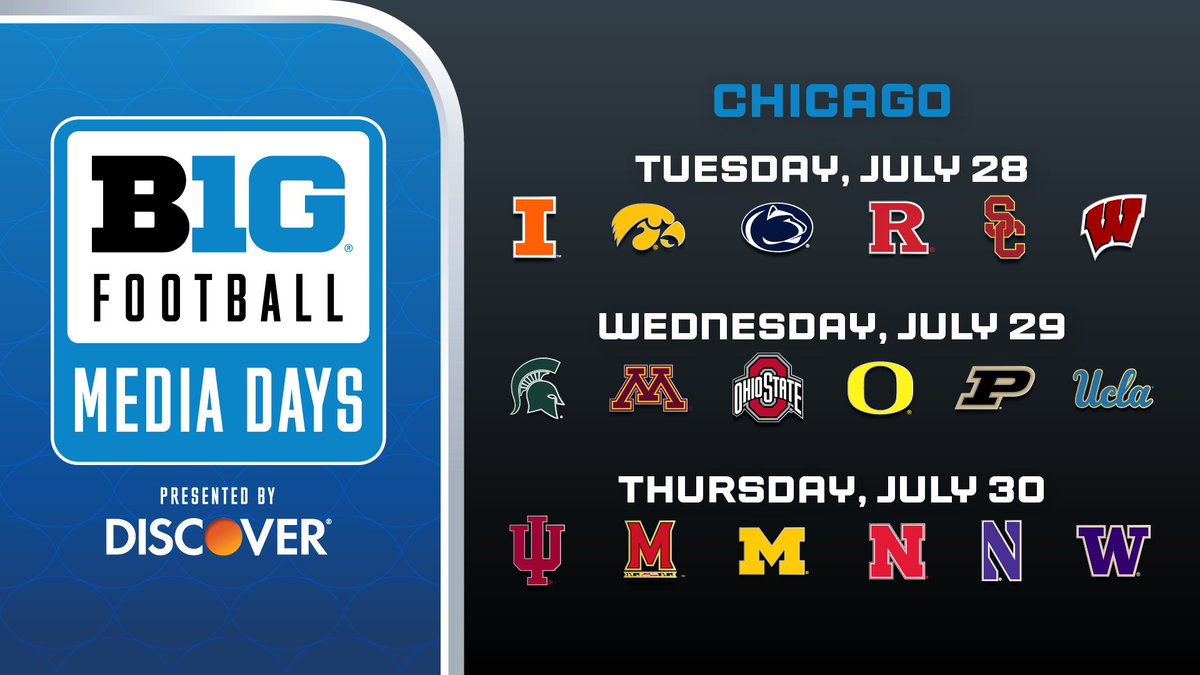 B1Gfootball's tweet image. Announcing the school schedule for 2026 Big Ten Football Media Days presented by Discover!

More info ➡️ bit.ly/4cbfXgT