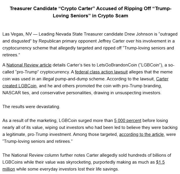 VictorJoecks's tweet photo. Nevada GOP Treasurer candidate @DrewForNevada says he "outraged and disgusted" over his primary opponent @pointsnfigures1's involvement in an alleged cryptocurrency scheme aimed at Trump supporters.

Allegations come from a recent @NRO article: https://t.co/q7Qyxc75tI https://t.co/SopimsHi2c