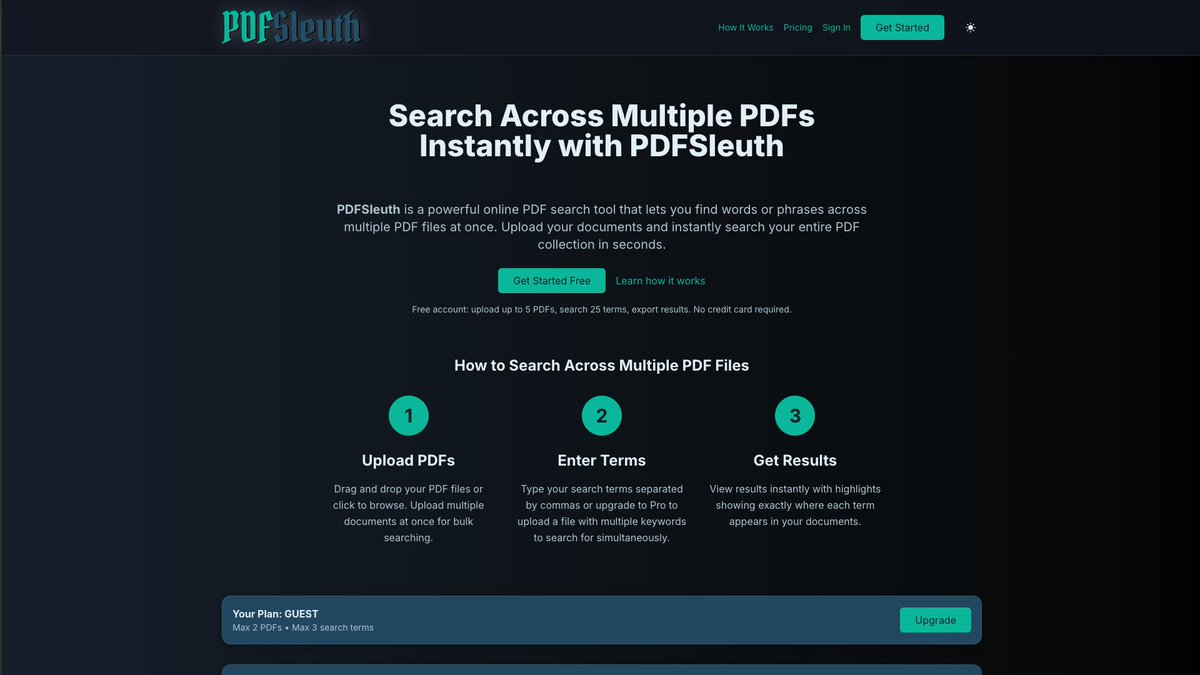 you can try searching 2 pdf files without account just to see how it works. free accounts can search up to 5 PDFs. this is useful if you want to search multiple terms across multiple PDF files