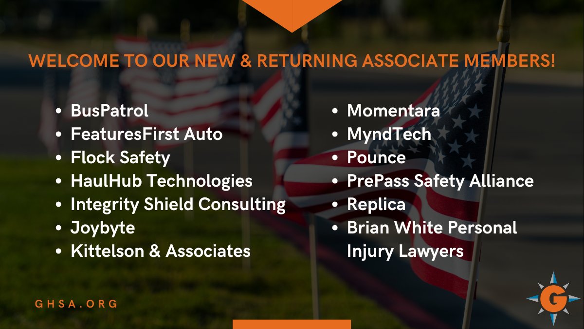 GHSAHQ's tweet photo. A warm welcome to GHSA's many new Associate Members who have joined our mission to end roadway deaths and injuries!

Want to support safer streets by joining GHSA? Learn more about membership: https://t.co/aSMalS4bkR

@BusPatrol_ @haulhub @Flock_Safety @kittelson @PrePassAlliance https://t.co/a6S90KGQE8