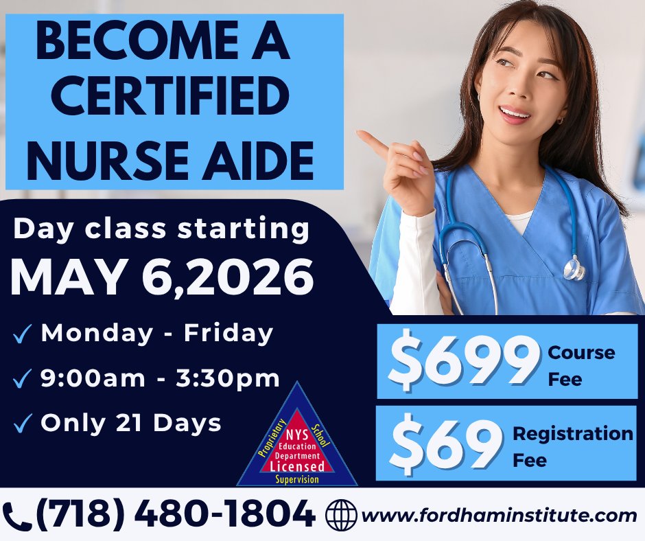 FordhamInstinc's tweet photo. ✨ Join our Certified Nurse Aide Day class starting May 6, 2026!

📅 May 6 – June 4, 2026
🕘 Monday–Friday | 9:00 AM – 3:30 PM
📍 98-27 Jamaica Ave, Woodhaven, NY 11421

📞 (718) 480-1804
🌐 https://t.co/atyhOnOPKc

#CNAProgram #HealthcareTraining #CareerPath #HealthcareCareers https://t.co/9UFRtK1OHe