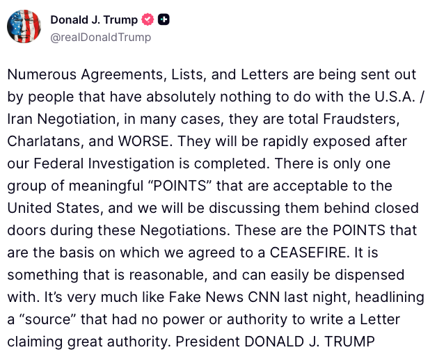 shuklarewa9082's tweet image. President #Trump's latest statement on the #US #Iran negotiations is a classic display of negotiating leverage.
By publicly dismissing unauthorized agreements, lists, and letters as fraudulent while insisting that only one set of meaningful POINTS will be discussed behind closed