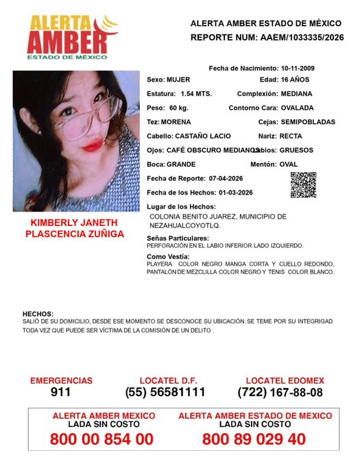 canal6tv's tweet photo. 🆘🔍 D€sapareció en la colonia Benito Juárez municipio de  #Nezahualcoyotl , #EdoMéx.

Piden el apoyo para localizar a Kimberly Janeth Plascencia Zuñiga  quien fue vista por última vez el día 1 de marzo del 2026. 🚨👤

#Comunidad #Ayuda #NoLocalizada #Inseguridad #Búsqueda https://t.co/7tjAU3YT83