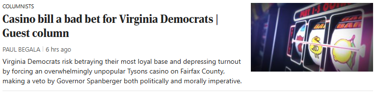 royermattw's tweet photo. Virginia Democrats won Fairfax County by 213,924 votes and immediately decided to find out how many of them they could lose.

75% of Fairfax County voters oppose a casino. 50% strongly oppose it. @GovernorVA should veto it.

H/T @PaulBegala https://t.co/0toa02kKWG