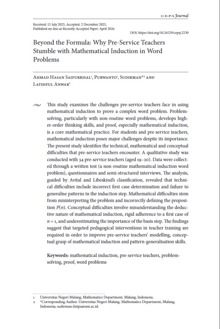 CepsJournal's tweet photo. Explore the varia article Beyond the Formula: Why Pre-Service Teachers Stumble with Mathematical Induction in Word Problems by Ahmad Hasan Saifurrisal, Purwanto, Sudirman and Lathiful Anwar here: https://t.co/ZniQY2VtDP #MathematicalInduction #PreServiceTeachers #ProblemSolving https://t.co/LU2h7C0cAX