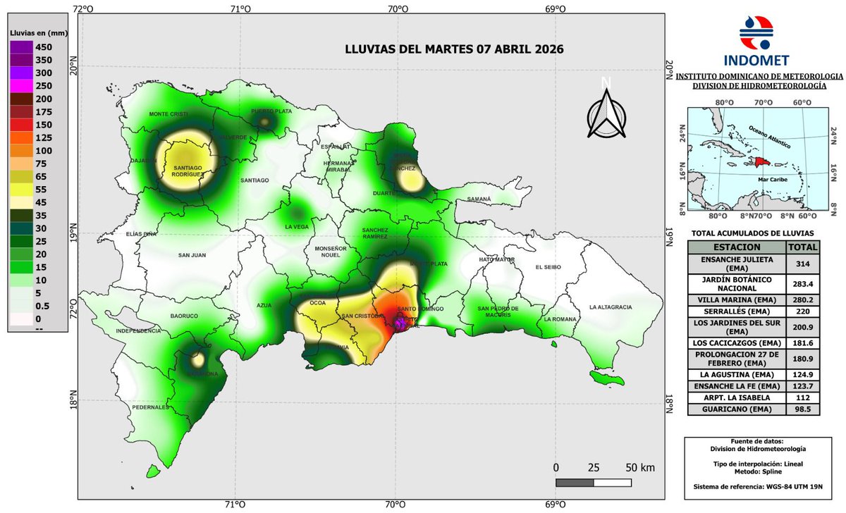Acumulados de lluvia desde ayer a las 8am hasta hoy a la misma hora. 314mm sobre Santo Domingo oeste y casi 300mm en el DN, nuevamente un evento focalizado encontró a las autoridades asando batatas...