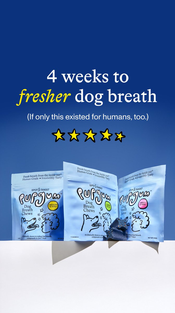 pupgum's tweet photo. Meet PupGum™ – the first-of-its-kind dental chew that reduces bad breath in just 7 days
 †Double-blind, placebo-controlled, randomized clinical study on novel fermentate, conducted May 2024