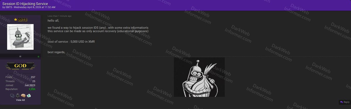 DarkWebInformer's tweet image. ‼️ A threat actor is advertising a Session ID hijacking service, claiming the ability to hijack any Session IDs with additional information for $5,000 USD in XMR.