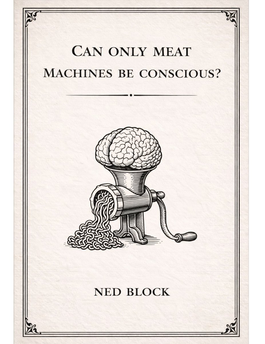 pickover's tweet image. Free download from Elsevier publisher today. 
Assessing the prospects for consciousness in AI and less complex animals. 

"Can only meat machines be conscious?" by Ned Block, April 2026.  Link: cell.com/trends/cogniti…