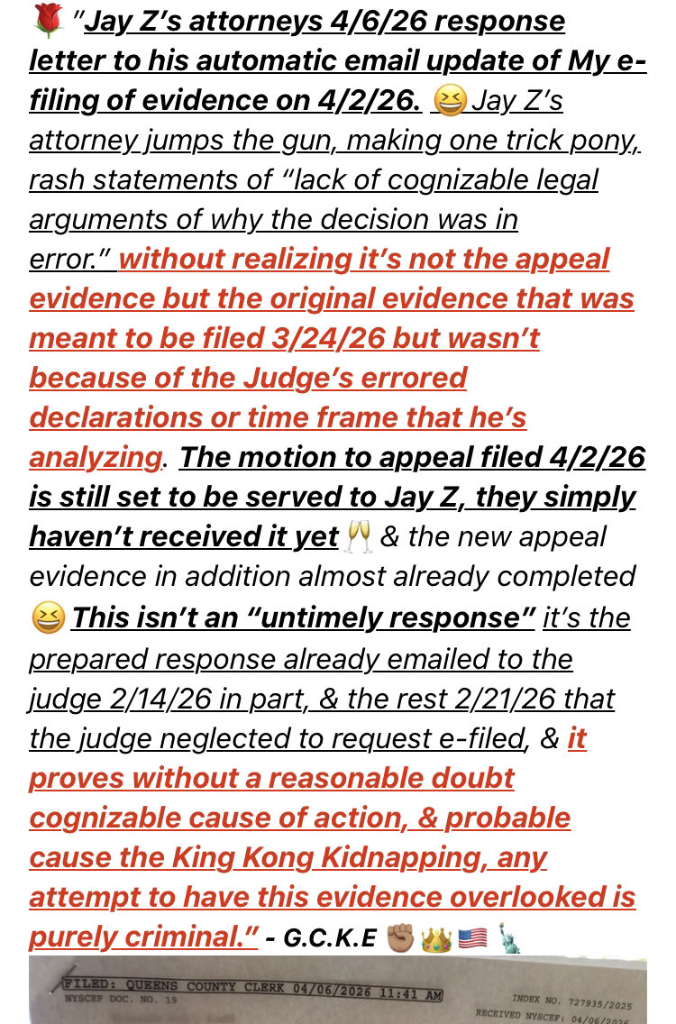 The2eyedman's tweet image. 🥷🏼CRIMINAL RESPONSES: #JayZ ‘s attorney’s response to e-filing of evidence. Appeal filed 4/2/26 holiday season delays process serving🔑

#LetsFreeBeyonceFromJayZ  🪓
#Killuminati #Beyonce #Jesus #God 
#Congress #TheUN #TheSenate  
#StopGunControl #FreeBeyonce #JustKOSweCare🎖