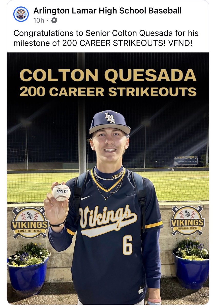 jeff_quesada's tweet photo. @colton_quesada congratulations on getting your 200th strikeout @LamarBaseball @wowfactorftw26 @TxHS_Baseball @FiveToolTexas https://t.co/kHFnumAEyS