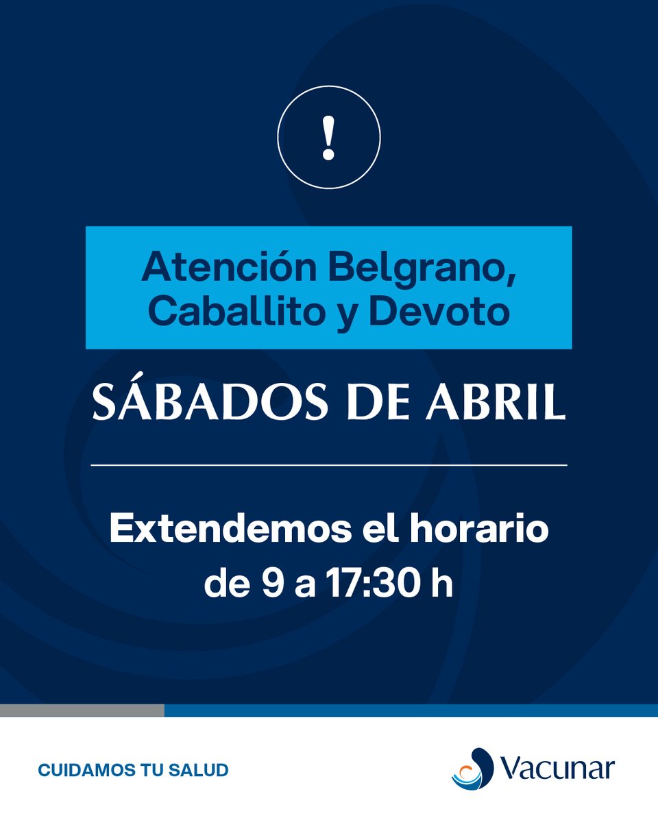 vacunar's tweet photo. ⚠️Atención⚠️

📍Belgrano, Caballito y Devoto

📅Sábados de abril: extendemos el horario de atención de 9 a 17:30 h.

¡Te esperamos! https://t.co/1e7uLIk4ZG