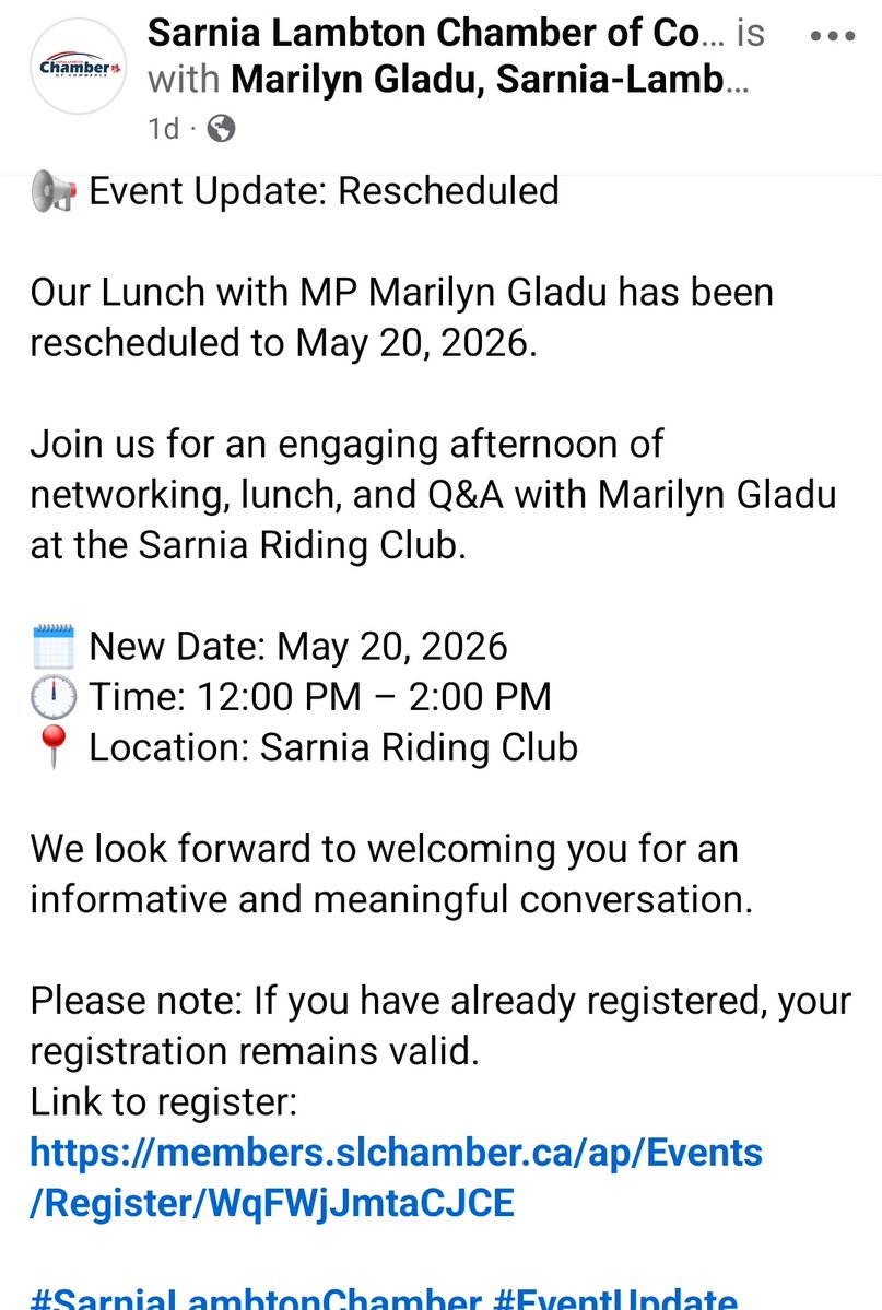 therealmrbench's tweet image. Floor crossing Marilyn Gladu is hosting a Luncheon at the Sarnia Riding Club on May 20th.

Wonder if she will now be canceling this event?