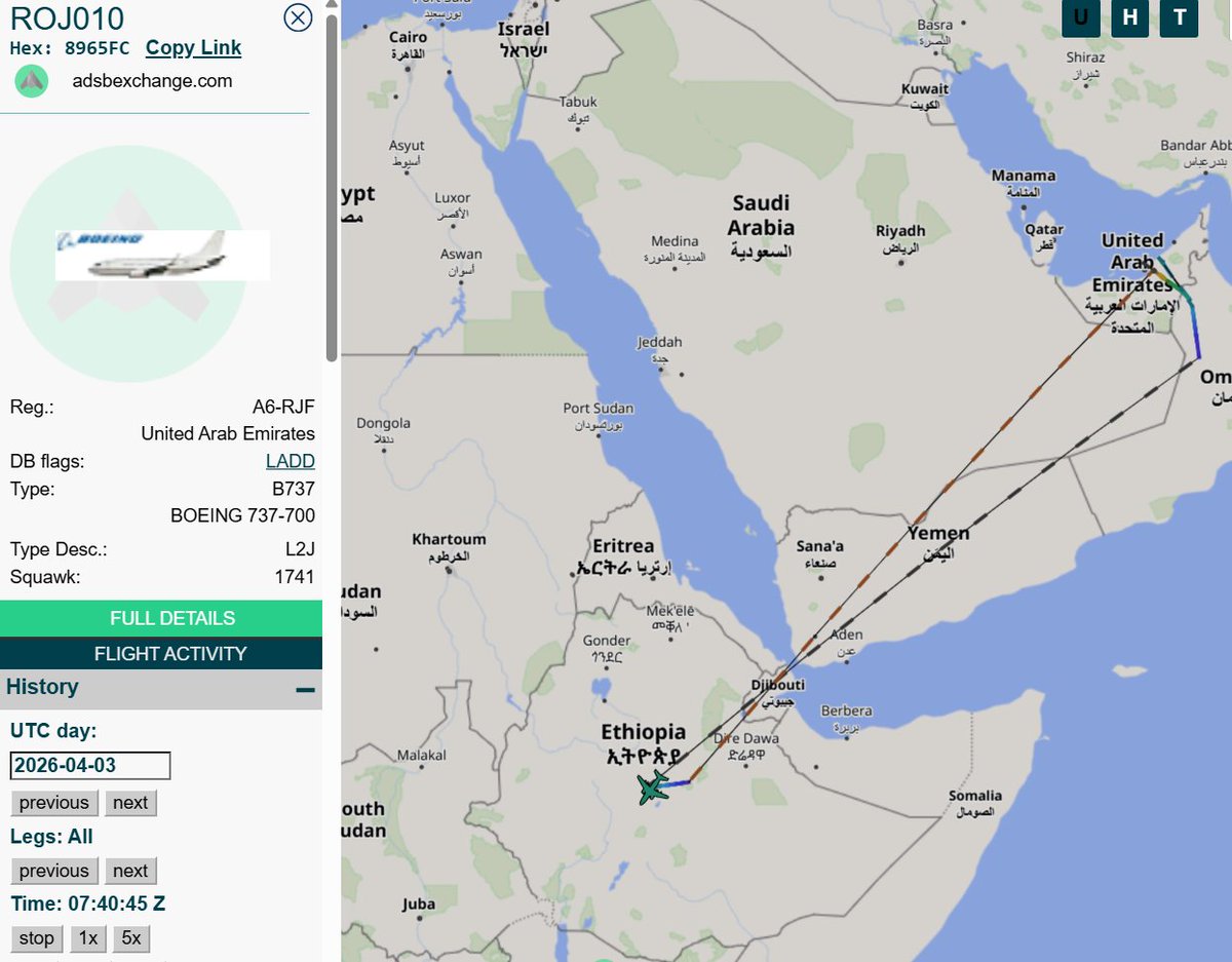 AfriMEOSINT's tweet image. Royal Jet’s Boeing 737-700 private aircraft (reg. A6-RJF) flew from Abu Dhabi 🇦🇪 to Bole Airport in Addis Ababa, Ethiopia 🇪🇹 on 3 April, before returning later the same day.

The aircraft has previously been used by RSF 🇸🇩 leader Hemedti and senior officials from the UAE 🇦🇪.