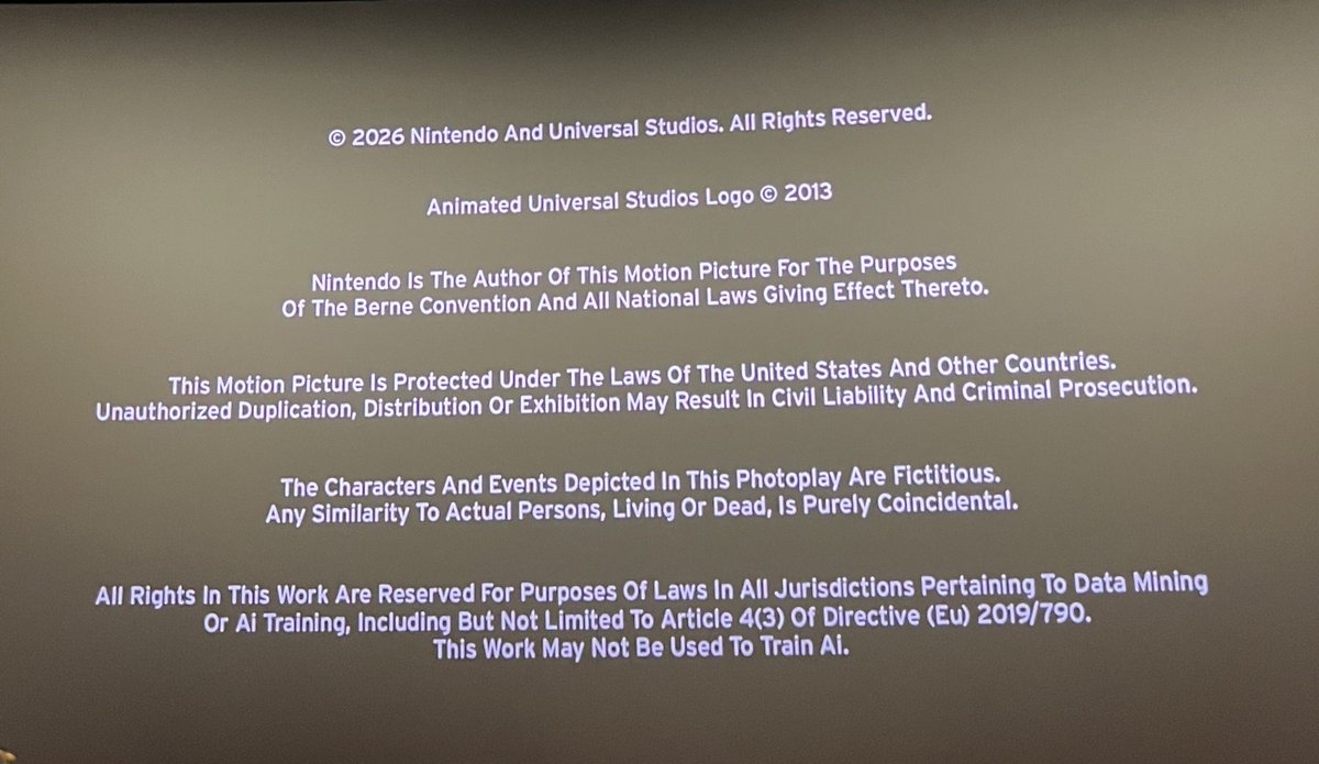IntegrityDataI1's tweet photo. "This work May Not Be Used To Train AI".  Those were the last words displayed on the movie theatre screen when we saw the Mario Movie over the weekend.   I guess AI truly is everywhere!

#AI https://t.co/bQZlE2um4L